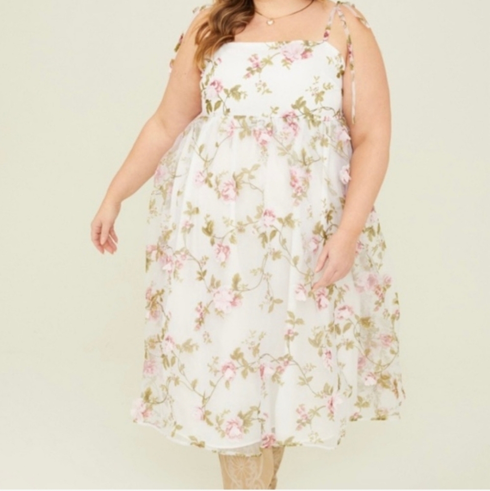 Arula White, Green & Pink Floral Appliqué Tulle/Mesh Sleeveless Babydoll Dress.